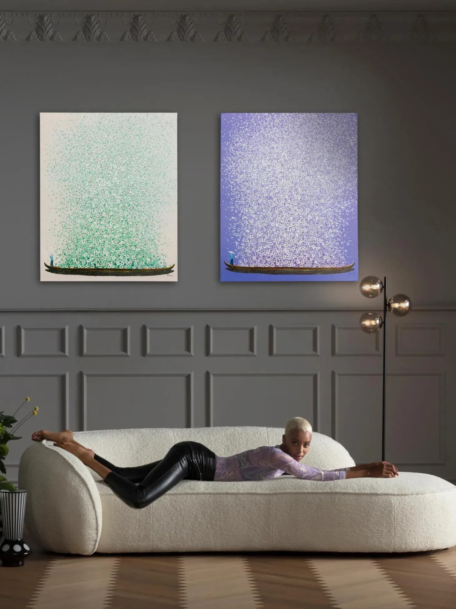 Stampa Su Tela Dipinta A Mano Flower Boat