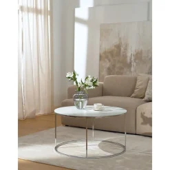 Tavolino Rotondo Da Salotto Con Piano In Vetro Effetto Marmo Antigua*Westwing Collection New