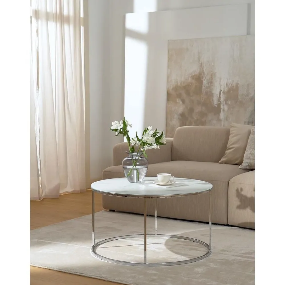 Tavolino Rotondo Da Salotto Con Piano In Vetro Effetto Marmo Antigua*Westwing Collection New