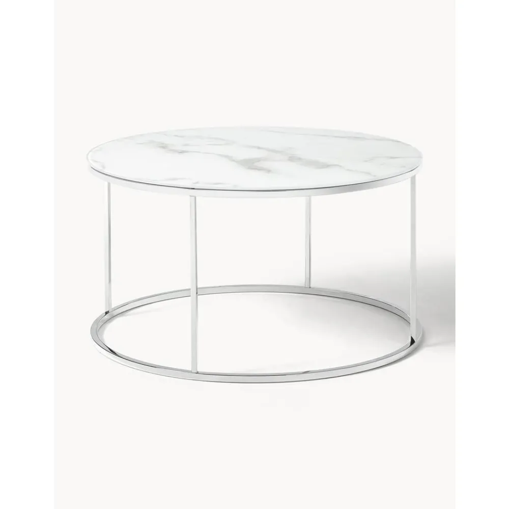 Tavolino Rotondo Da Salotto Con Piano In Vetro Effetto Marmo Antigua*Westwing Collection New